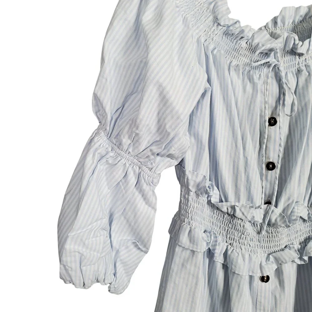 Gianni Bini Size L Dress Off Shoulder Puff Sleeve Coastal Stripe Country Cottage - Picture 8 of 12